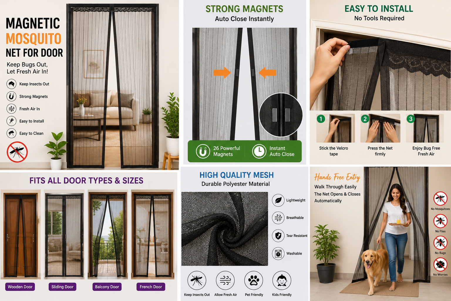 Polyester Magnetic Mosquito Net for Door | Mosquito Curtain for All Door Types & Sizes