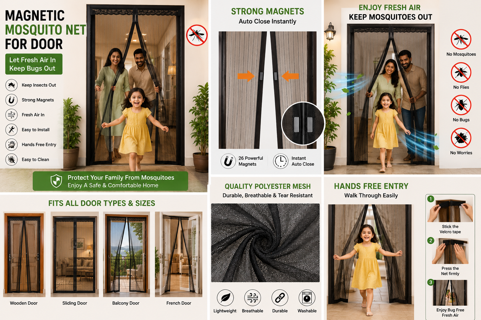 Polyester Magnetic Mosquito Net for Door | Mosquito Curtain for All Door Types & Sizes