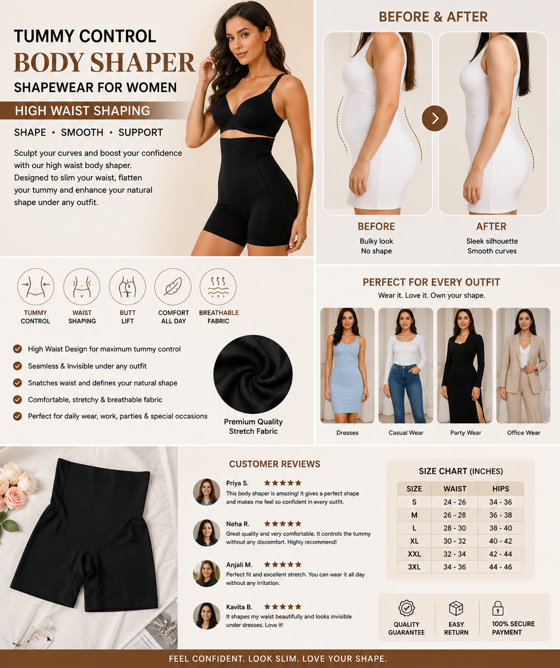 Women's High Waist Tummy Control Body Shaper | Seamless Shapewear Shorts | Firm Support Waist & Hip Shaping | Comfortable All-Day Wear | Invisible Under Dresses