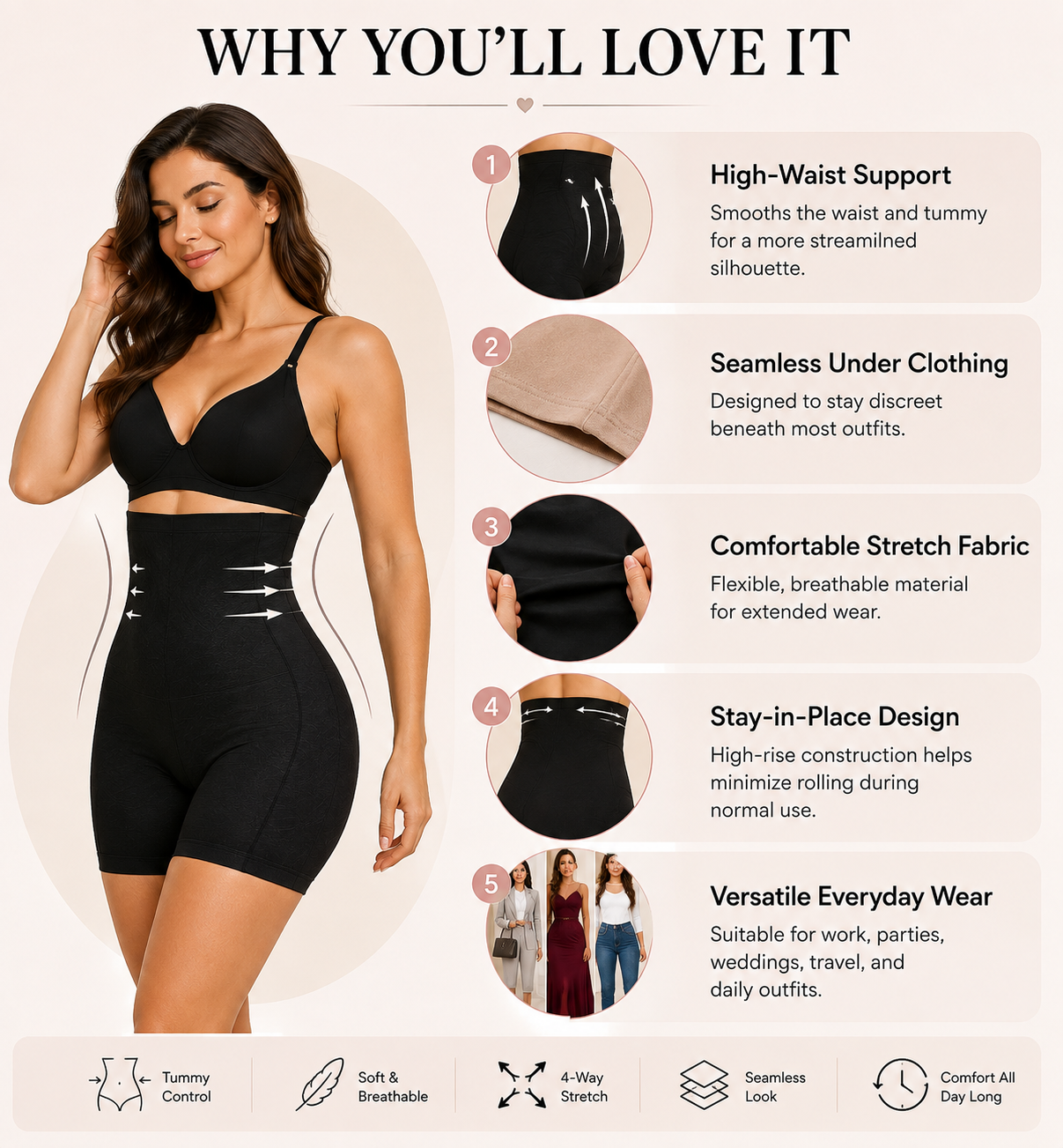 Women's High Waist Tummy Control Body Shaper | Seamless Shapewear Shorts | Firm Support Waist & Hip Shaping | Comfortable All-Day Wear | Invisible Under Dresses