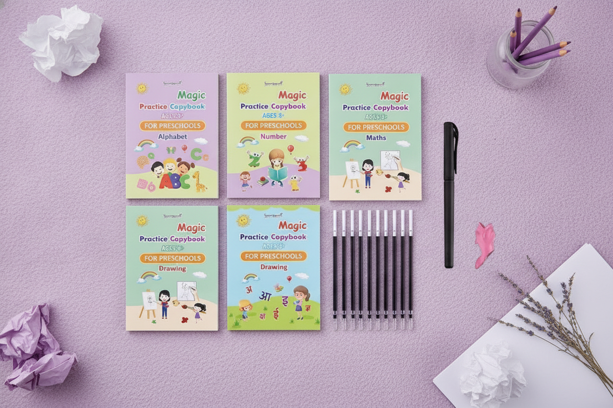 Flat lay of reusable handwriting practice books for kids, a magic pen, and refills on a soft lavender surface.