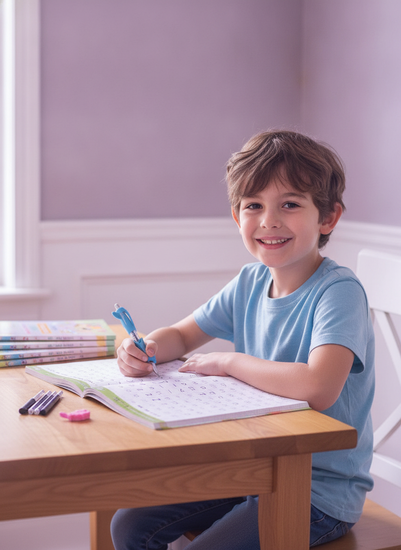 Young boy in a Chicago kitchen, smiling while practicing handwriting with a magic copybook and pen. He looks confident.