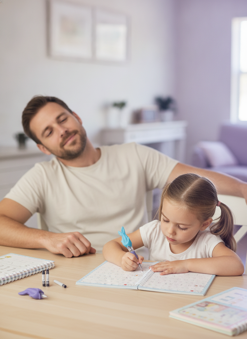 A father in Phoenix looks content as his young daughter practices handwriting in a reusable magic copybook at a kitchen table