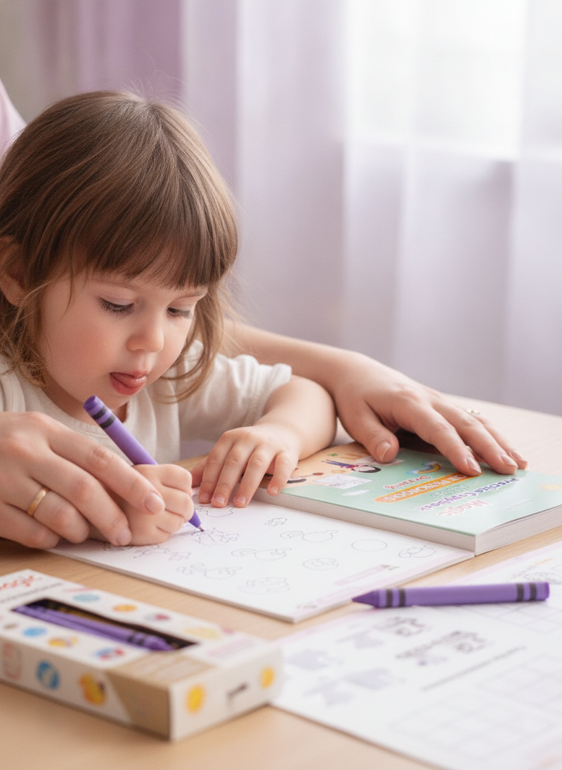 Child's hands guided by an adult, practicing handwriting in a 'Magic Copy Book' with a 'Magic Pen' at a kitchen table.